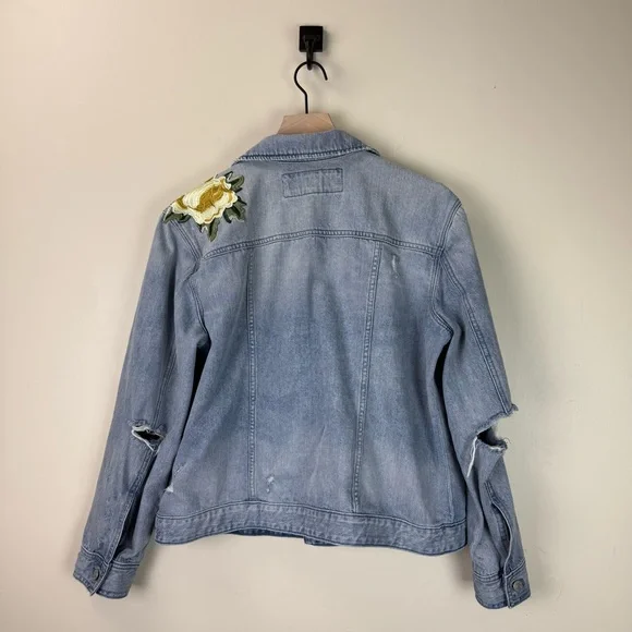 Express Women's Light Blue Distressed Denim Jacket with Floral Embroidery | XL - Picture 5 of 10